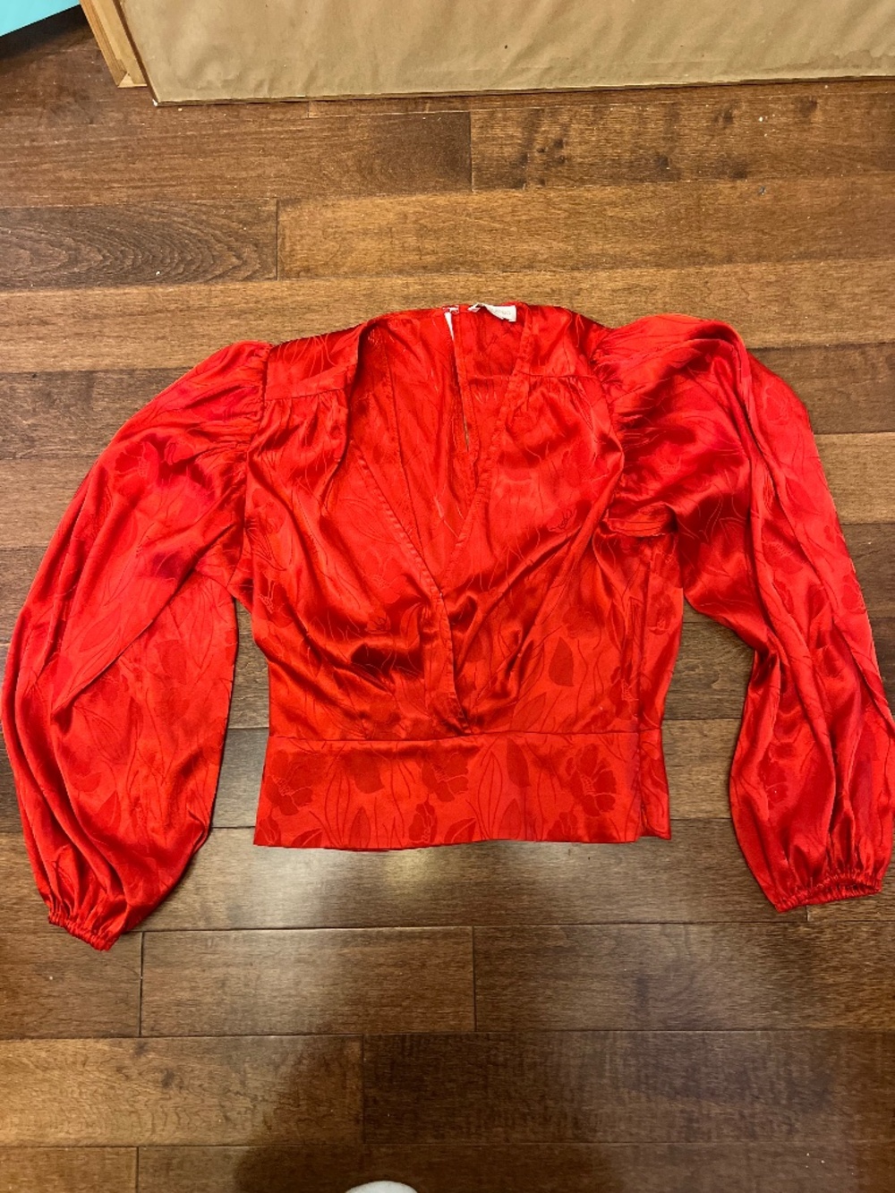 Ronny Kobo Collection Red Satin Puff Sleeve V-Neck Blouse